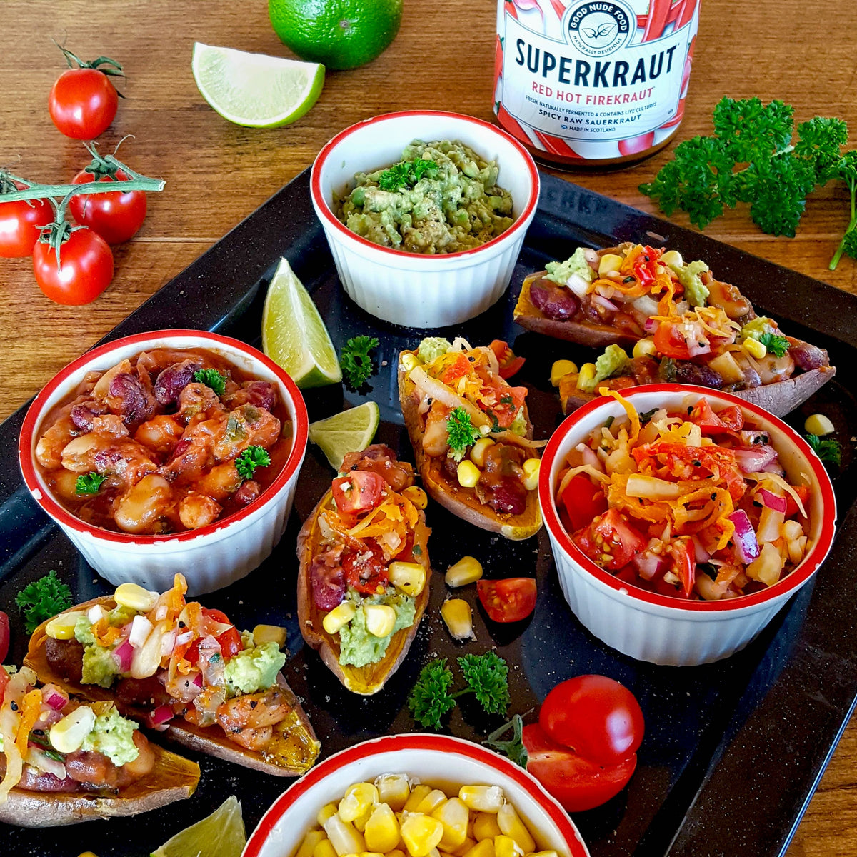 Baked Stuffed Sweet Potatoes with Smokey Beans and Firekraut Salsa – Good Nude Food