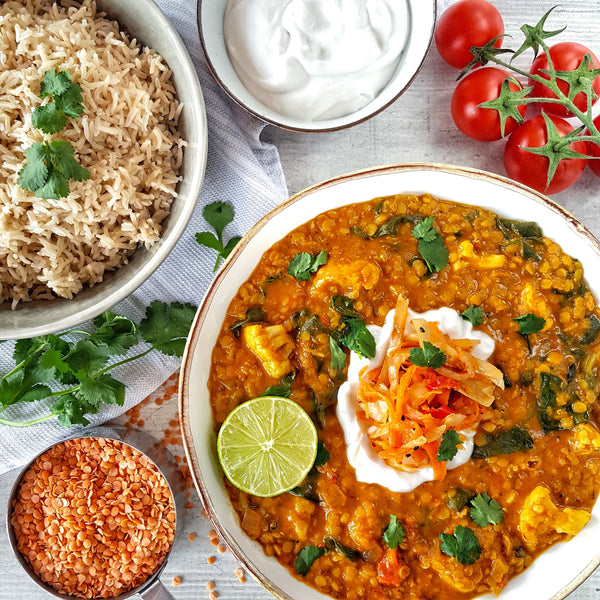 Lentil & Cauliflower Dahl topped with Red Hot Firekraut