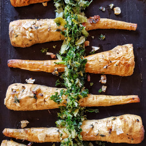 Roasted Maple Glazed Parsnips with Fermented Supergreens Chimichurri