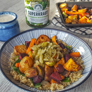 Roasted Root Veg Bowl with Quinoa & Lemon Garlic Cashew Sauce