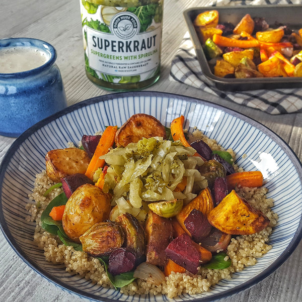 Roasted Root Veg Bowl with Quinoa & Lemon Garlic Cashew Sauce