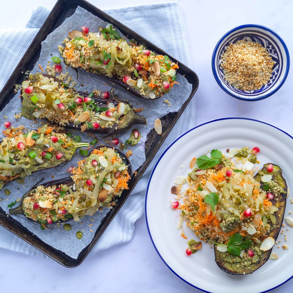 Baked Stuffed Aubergine with Quinoa Salad