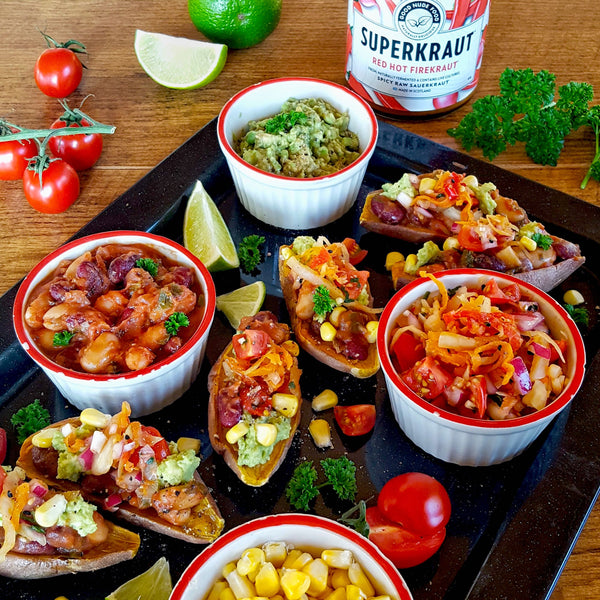 Baked Stuffed Sweet Potatoes with Smokey Beans and Firekraut Salsa