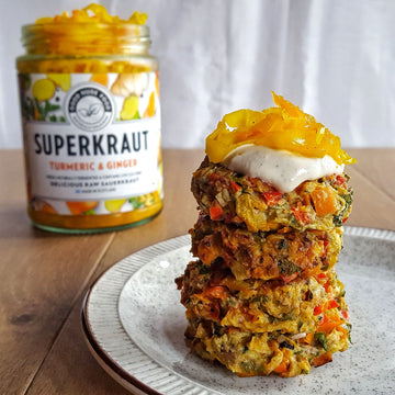Courgette Fritters with Lemon Cashew Cream and Turmeric & Ginger Superkraut