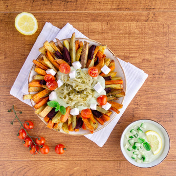 Baked Root Vegetable Fries with Vegan Tzatziki
