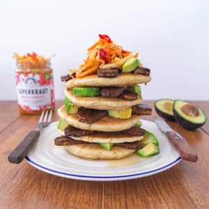 Sourdough pancakes with fermented tempeh and unpasteurised sauerkraut