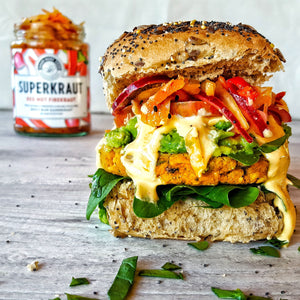 Spicy Lentil Burger with Pickled Red Onion and Red Hot Firekraut Mayo