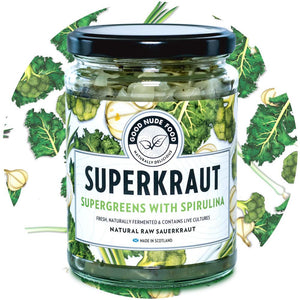 Supergreens with Spirulina Superkraut with a circle behind filled with broccoli, kale and other vegetables.