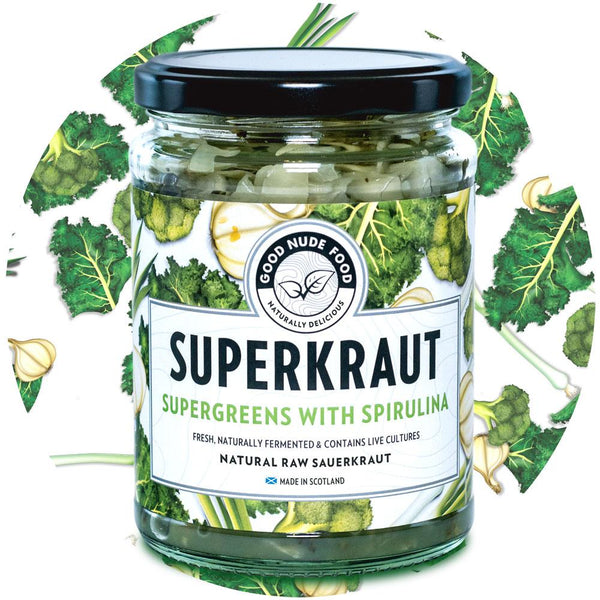 Supergreens with Spirulina Superkraut with a circle behind filled with broccoli, kale and other vegetables.
